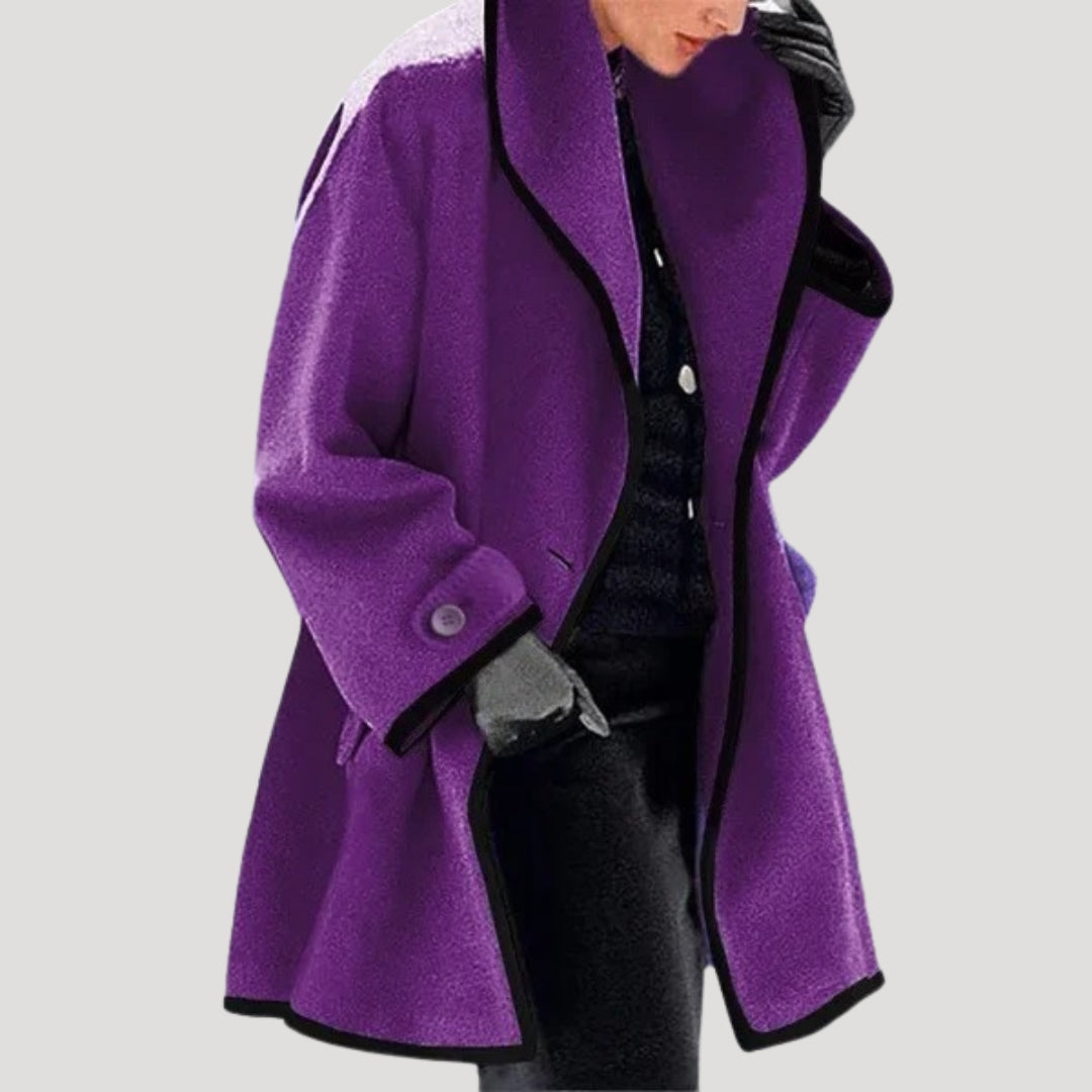 Quinn | Elegant Open Front Wool Blend Cape Coat With Contrast Trim