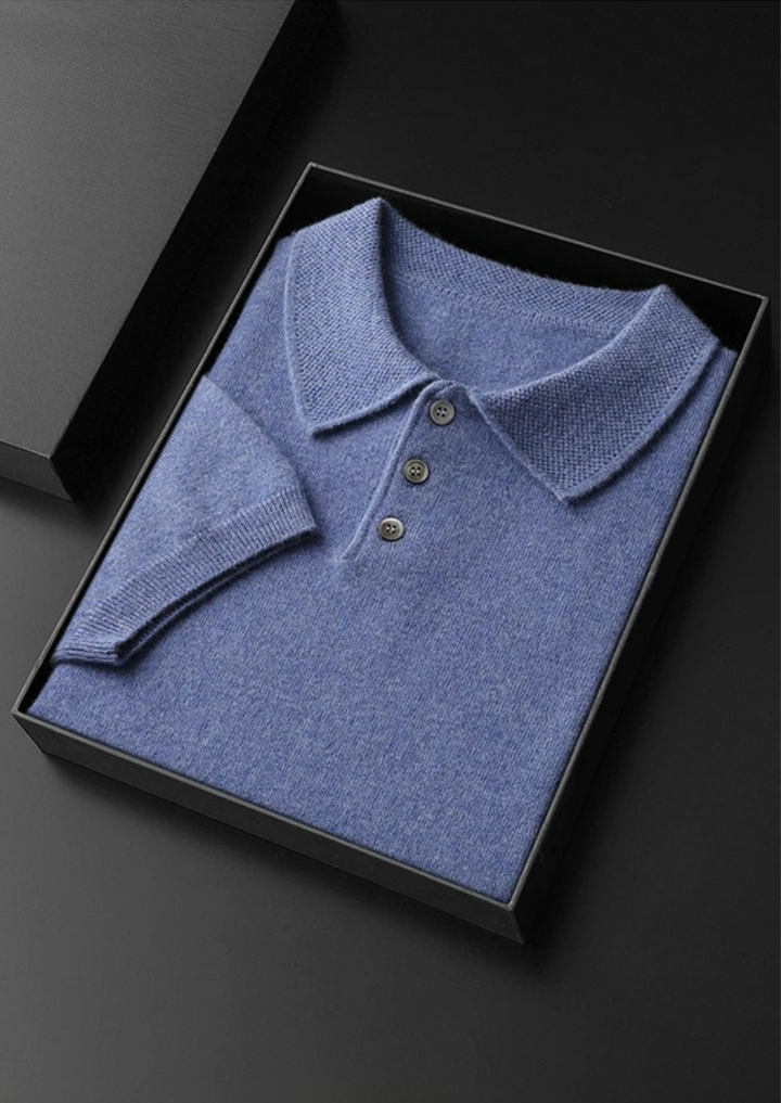 Cashmere Short Sleeve Polo Shirt Men - Light Blue Knit