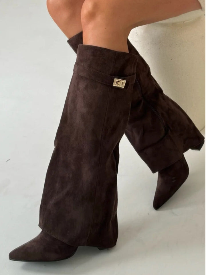 Ruby | Elegant Black Suede Knee-High Boots With Gold Hardware