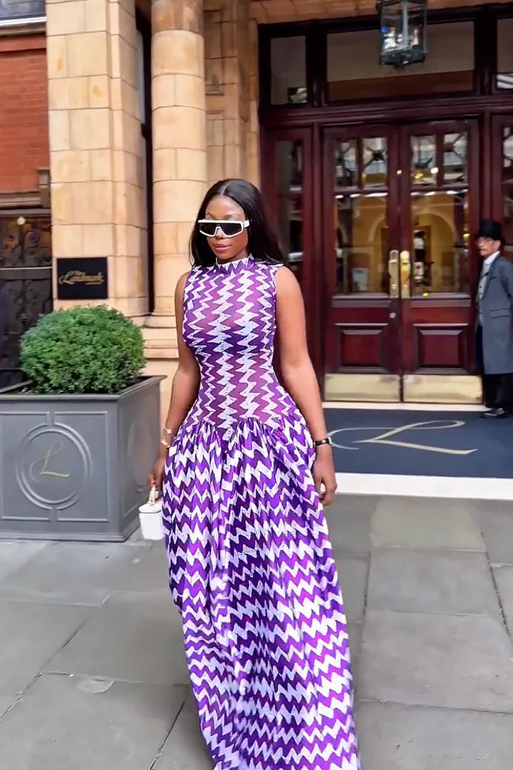 Lesley | Elegant High-Neck Sleeveless Zigzag Print Maxi Dress