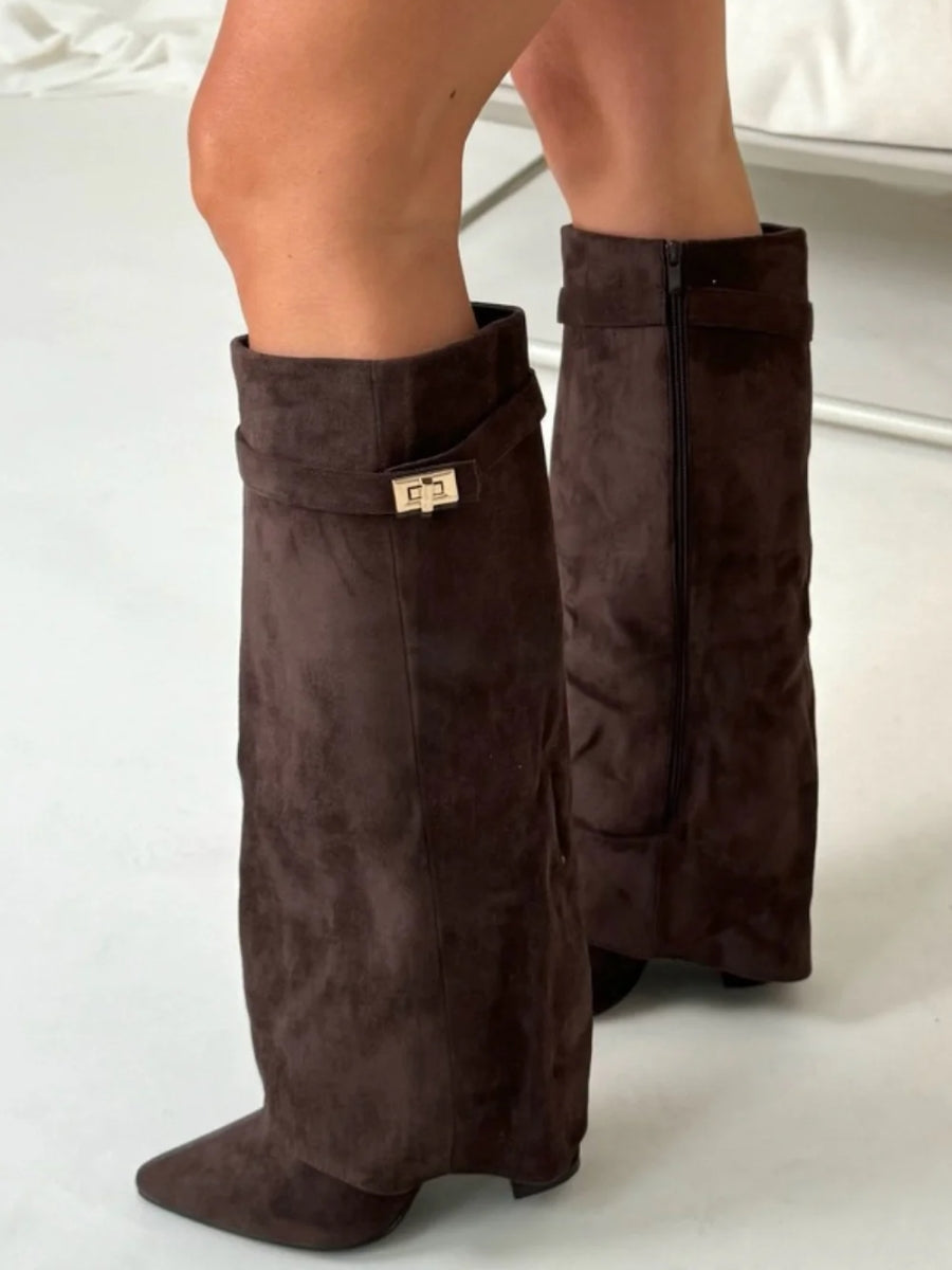 Ruby | Elegant Black Suede Knee-High Boots With Gold Hardware