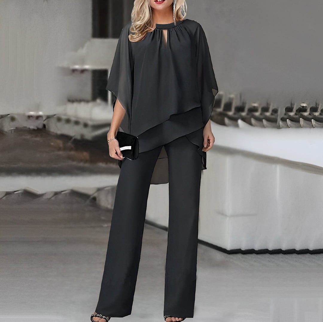 Evy | Elegant Off-Shoulder Tiered Coord Set With Wide Leg Pants