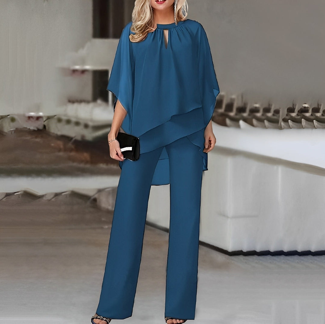 Evy | Elegant Off-Shoulder Tiered Coord Set With Wide Leg Pants