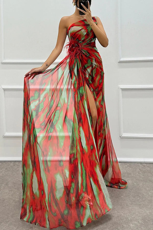 Millie | Elegant One Shoulder Feather Detail Maxi Gown