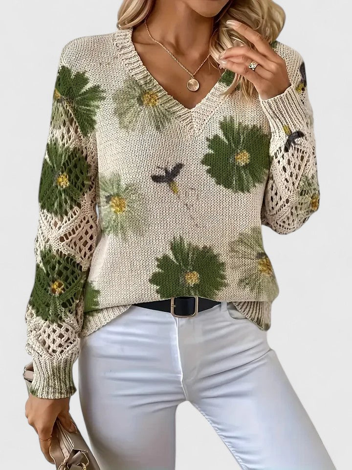 Millie | Elegant V-Neck Floral Knit Sweater With Lace Sleeves