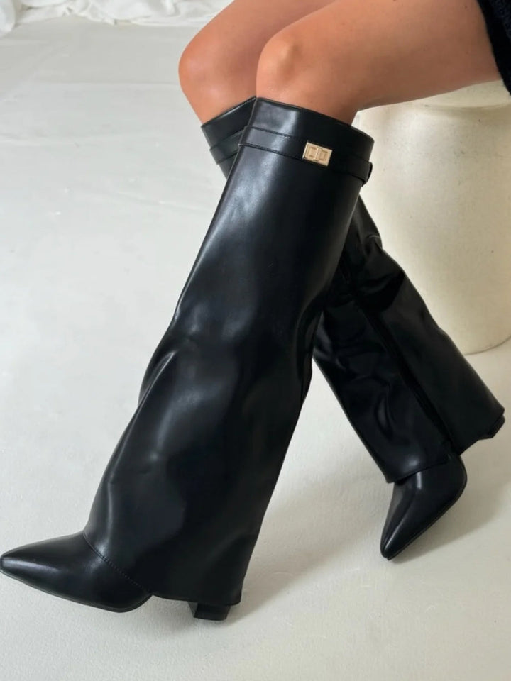 Ruby | Elegant Black Suede Knee-High Boots With Gold Hardware
