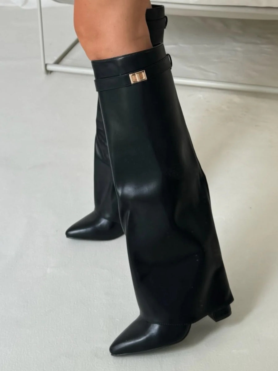 Ruby | Elegant Black Suede Knee-High Boots With Gold Hardware