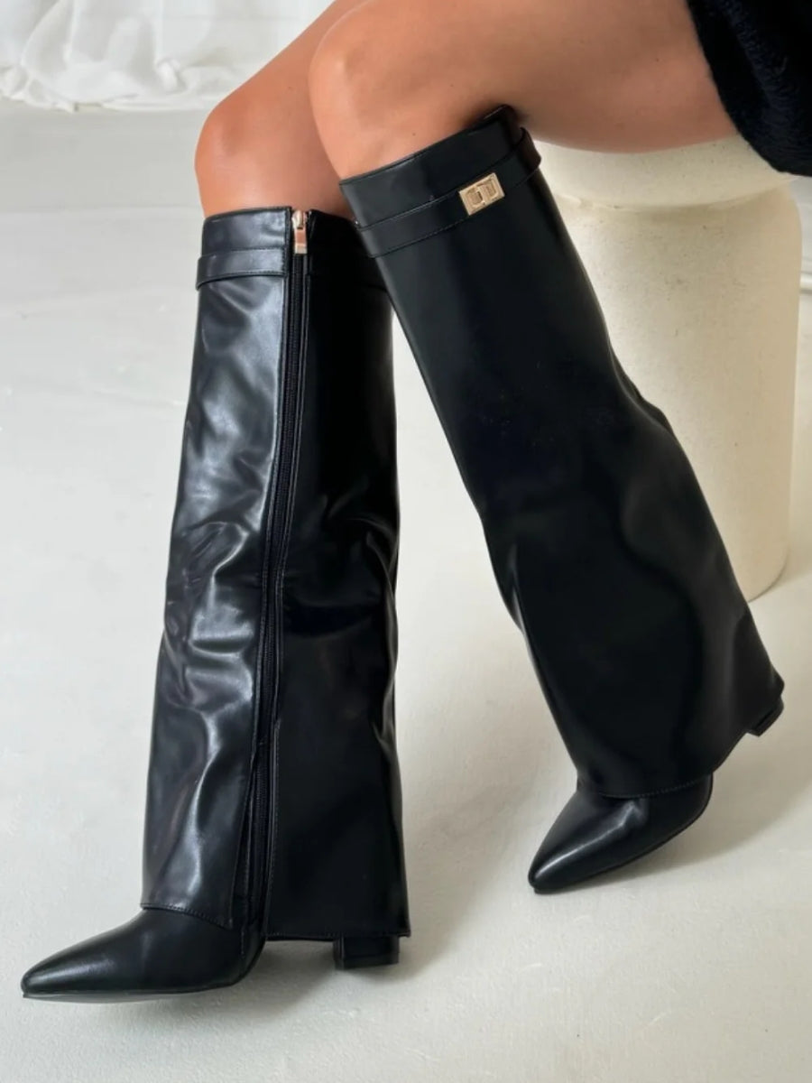 Ruby | Elegant Black Suede Knee-High Boots With Gold Hardware