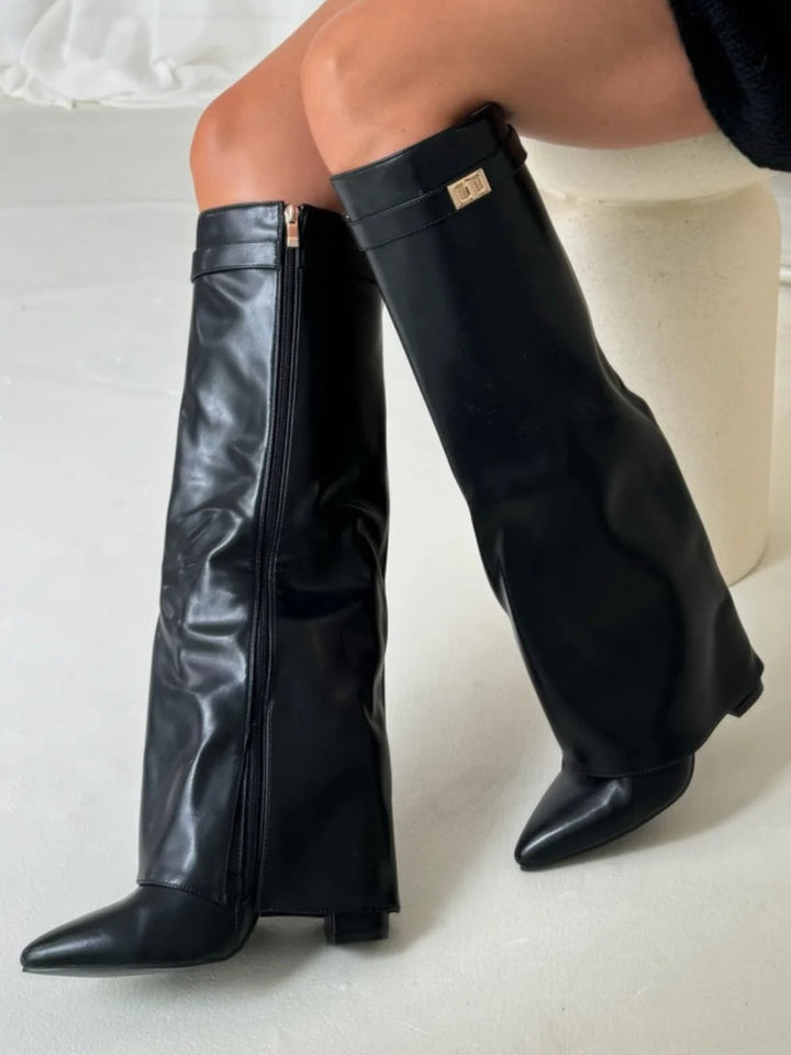 Ruby | Elegant Black Suede Knee-High Boots With Gold Hardware