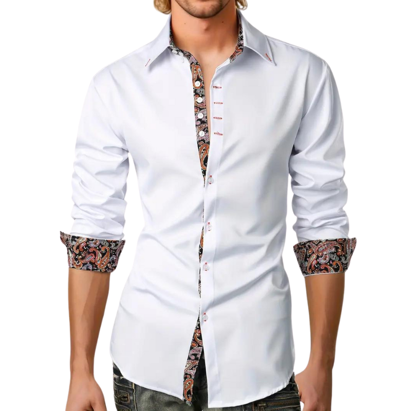 Xavier | Elegant White Paisley Contrast Dress Shirt For Men