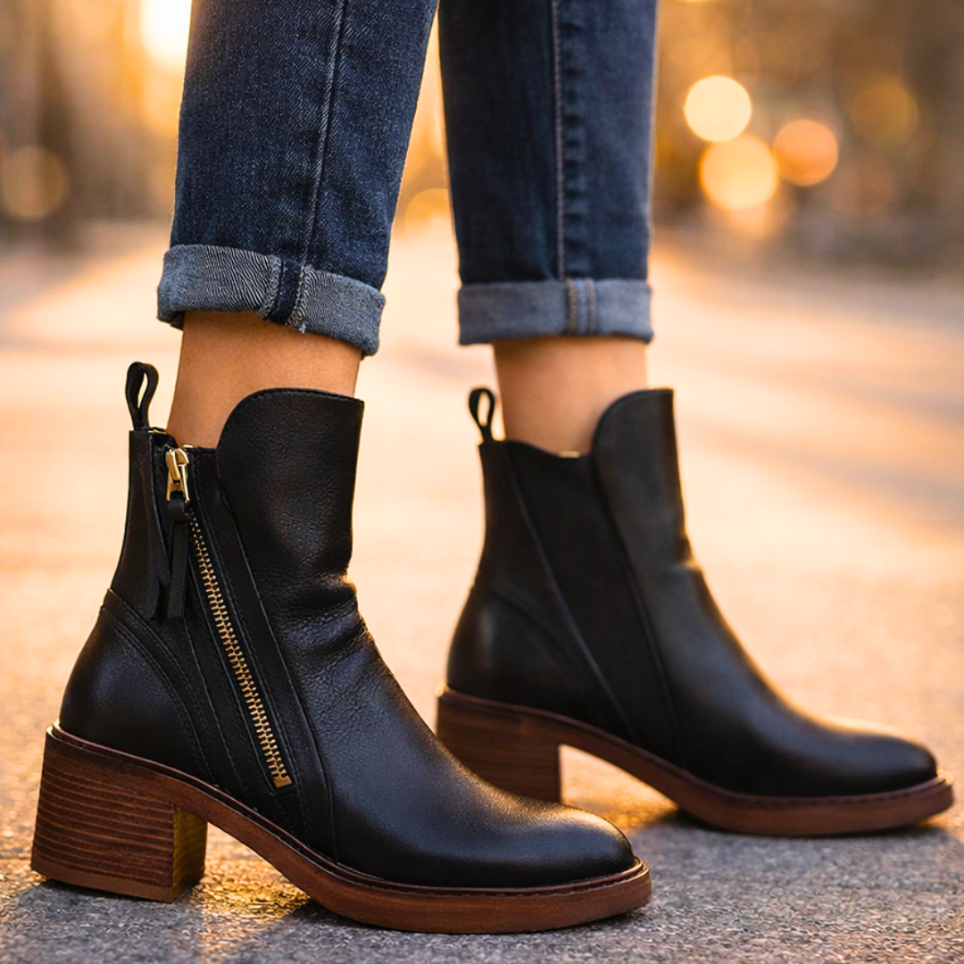 Penelope | Elegant Leather Block Heel Ankle Boots