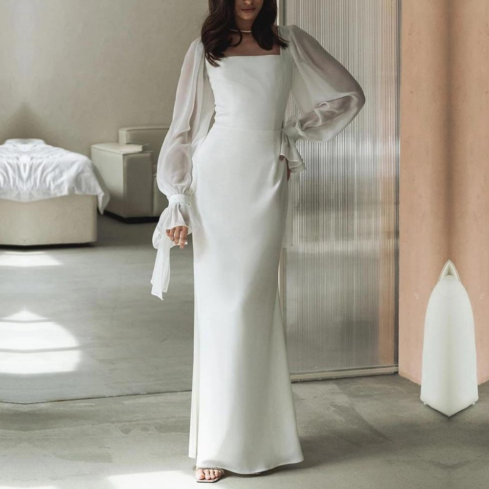 Arabella | Elegant White Square Neck Puff Sleeve Maxi Dress