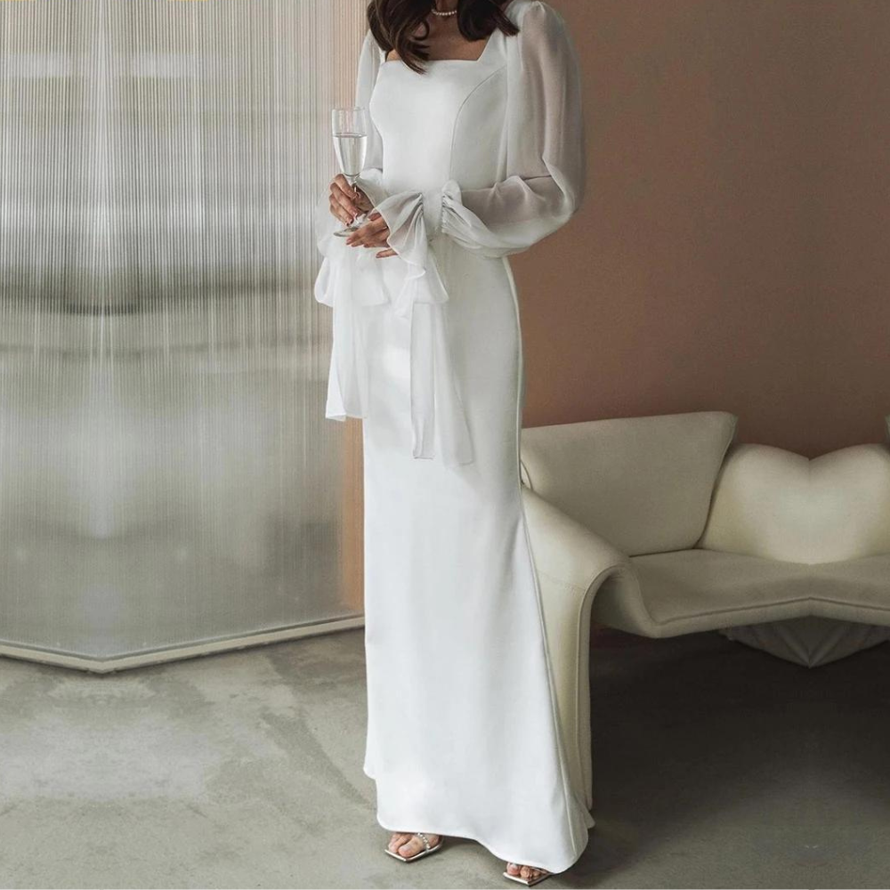 Arabella | Elegant White Square Neck Puff Sleeve Maxi Dress