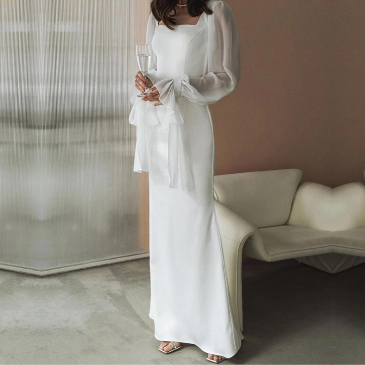 Arabella | Elegant White Square Neck Puff Sleeve Maxi Dress