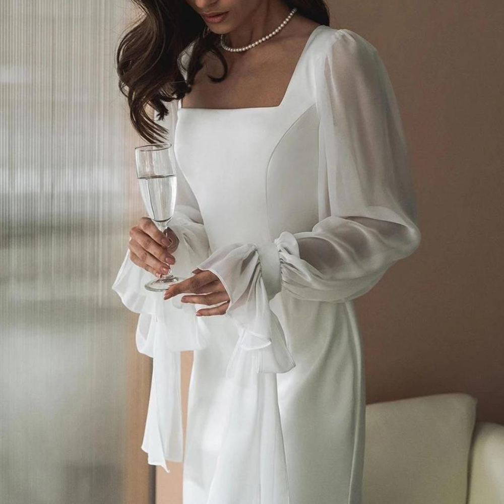 Arabella | Elegant White Square Neck Puff Sleeve Maxi Dress