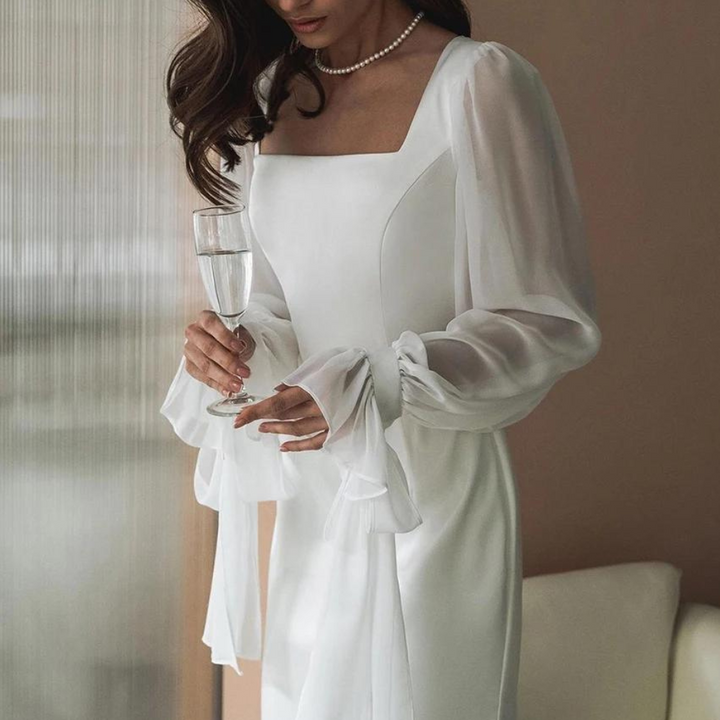 Arabella | Elegant White Square Neck Puff Sleeve Maxi Dress