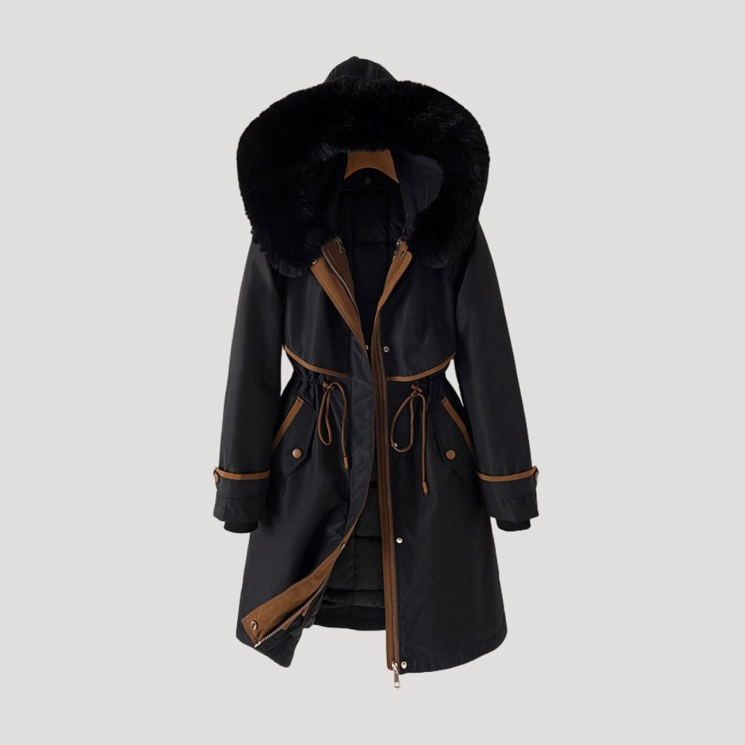 Phoebe | Stylish Faux Fur Hooded Long Parka With Belt