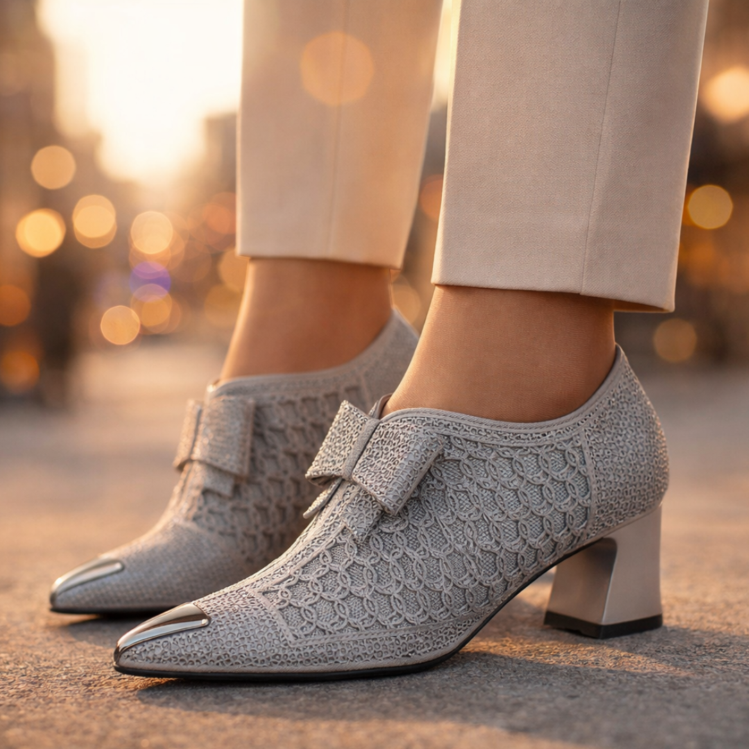 Margot | Elegant Rhinestone Bow Block Heels With Metallic Pointed Toe