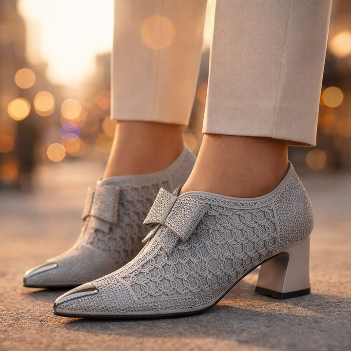 Margot | Elegant Rhinestone Bow Block Heels With Metallic Pointed Toe