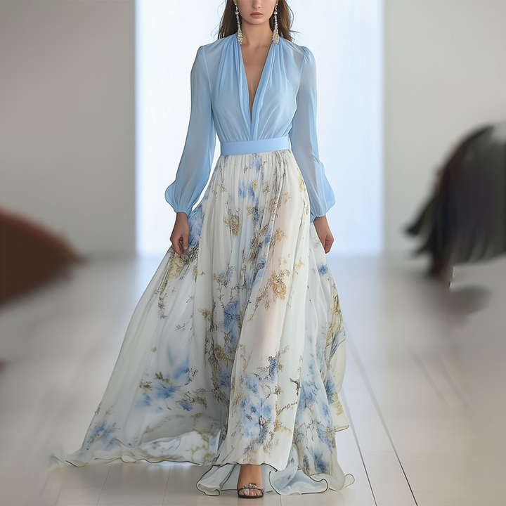 Evangeline | Elegant Floral Print V-Neck Long Sleeve Maxi Dress