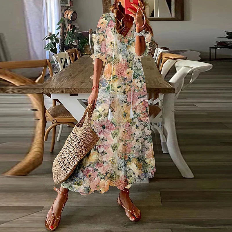 Hannah | Stylish Floral Print Puff Sleeve Maxi Dress
