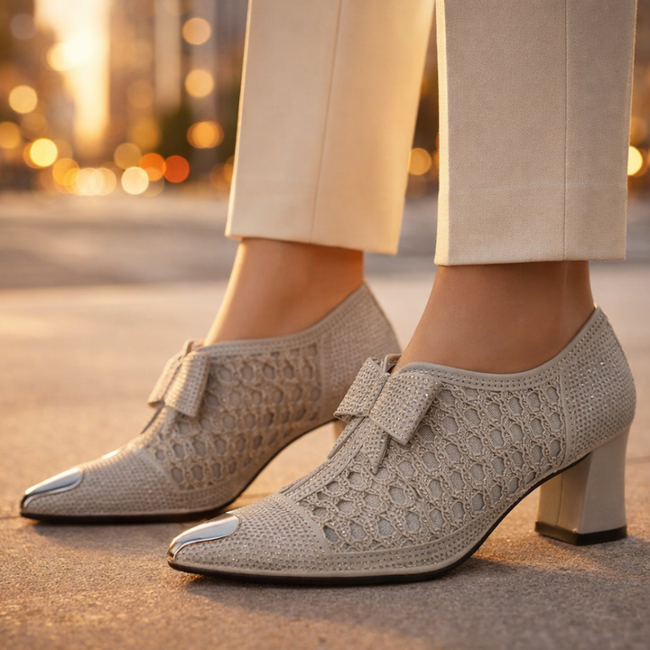 Margot | Elegant Rhinestone Bow Block Heels With Metallic Pointed Toe