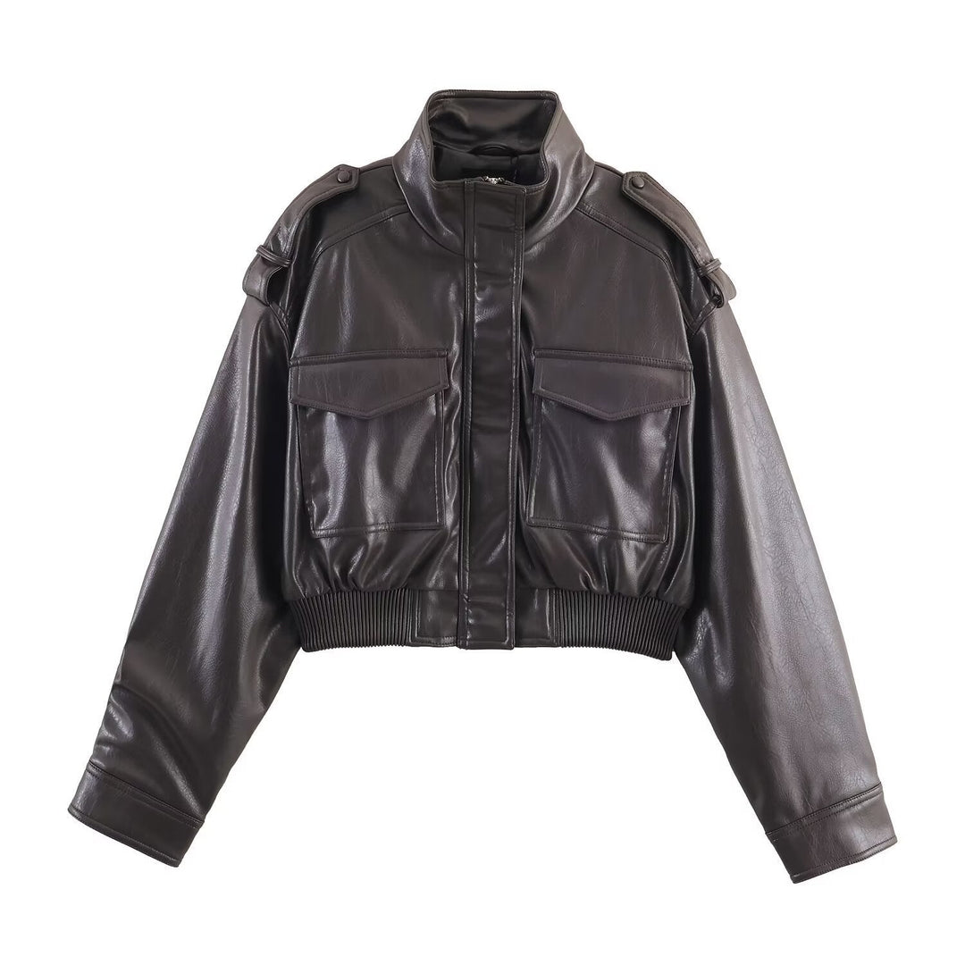 Cordelia | Chic Cropped Faux Leather Bomber Jacket With Ribbed Cuffs
