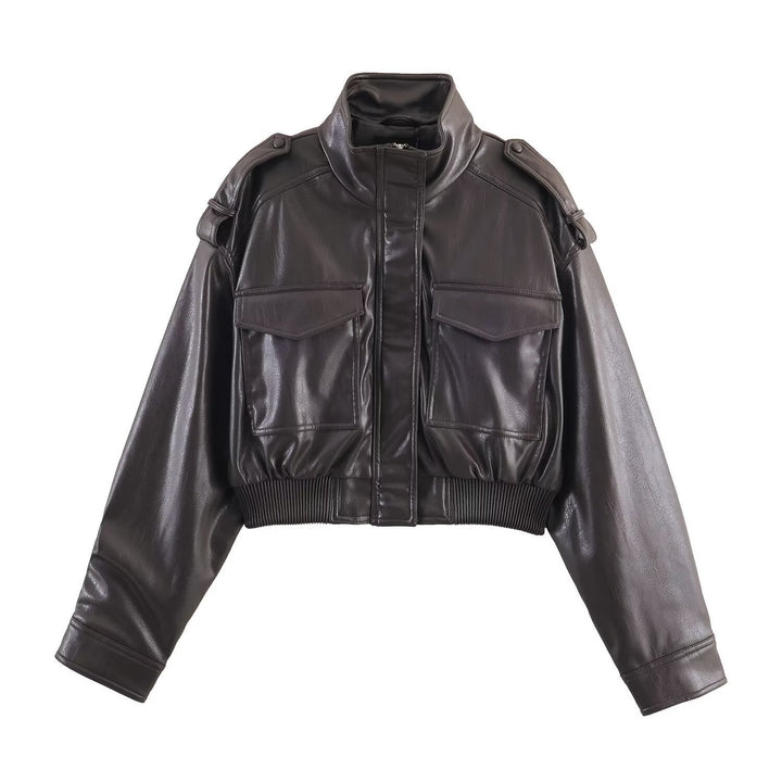 Cordelia | Chic Cropped Faux Leather Bomber Jacket With Ribbed Cuffs