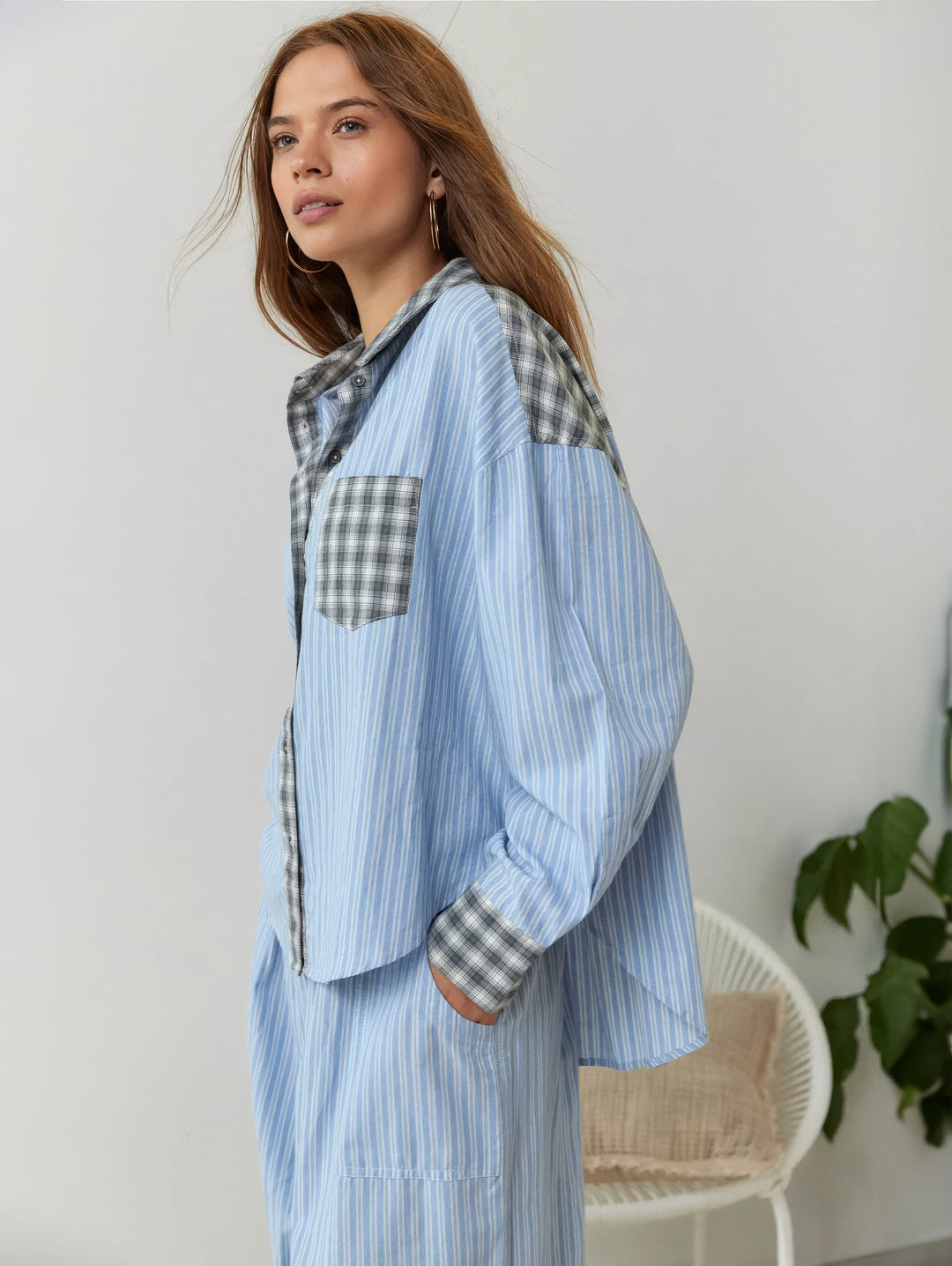Cassandra | Elegant Striped Button-Up Pajama Set With Plaid Trim