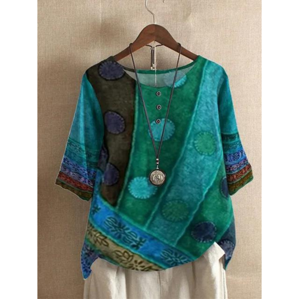 Rhea | Stylish Patchwork Three Quarter Sleeve Colorful Bohemian Top