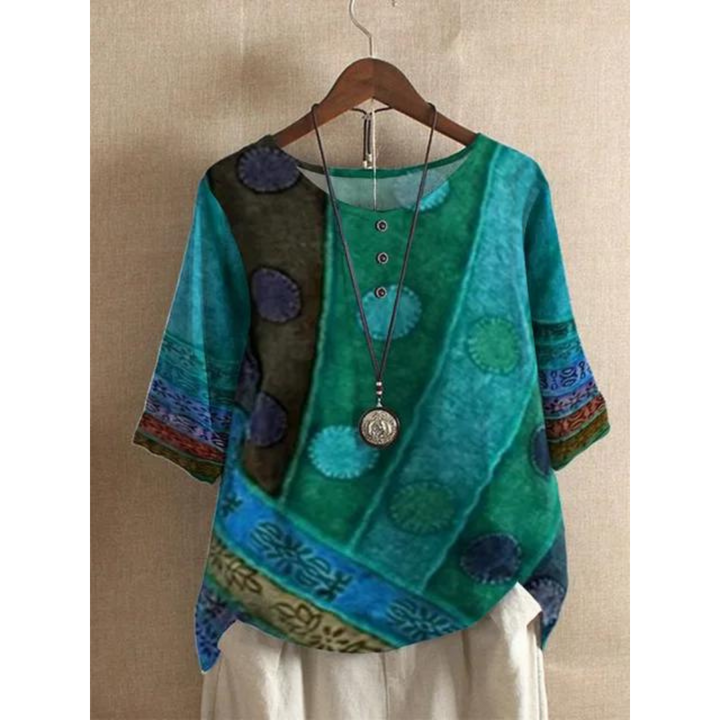 Rhea | Stylish Patchwork Three Quarter Sleeve Colorful Bohemian Top
