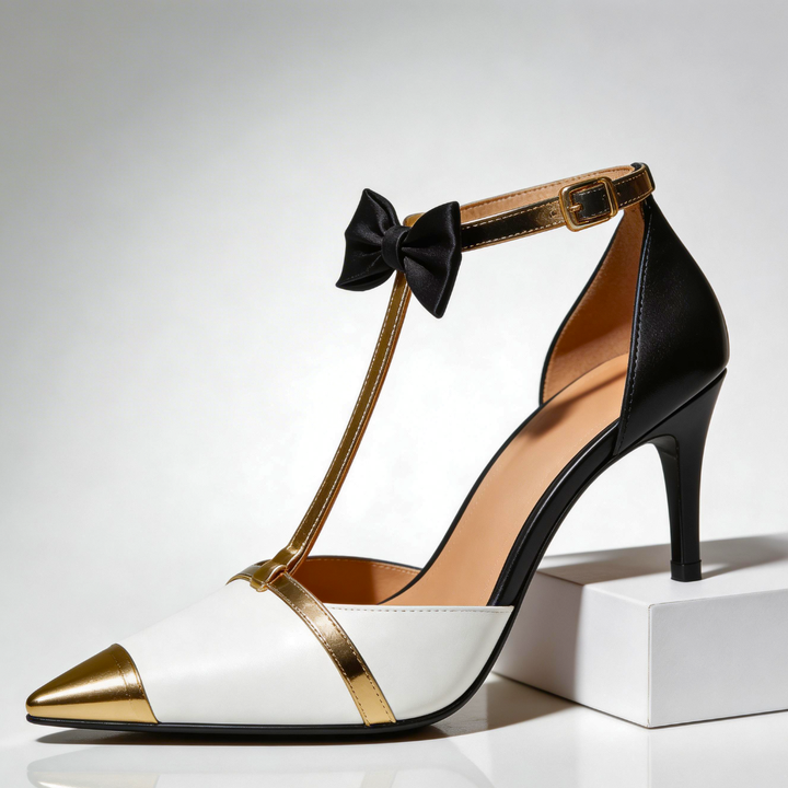 Esther | Elegant Pointed Toe T-Strap Stiletto Heels With Bow