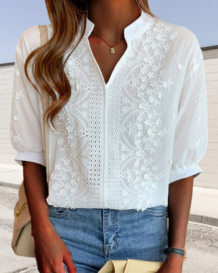 BREELYN | Elegant White V-Neck Puff Sleeve Lace Blouse