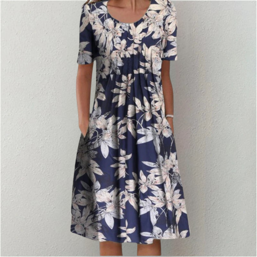 Sybil | Elegant Floral A-Line Midi Dress With Short Sleeves