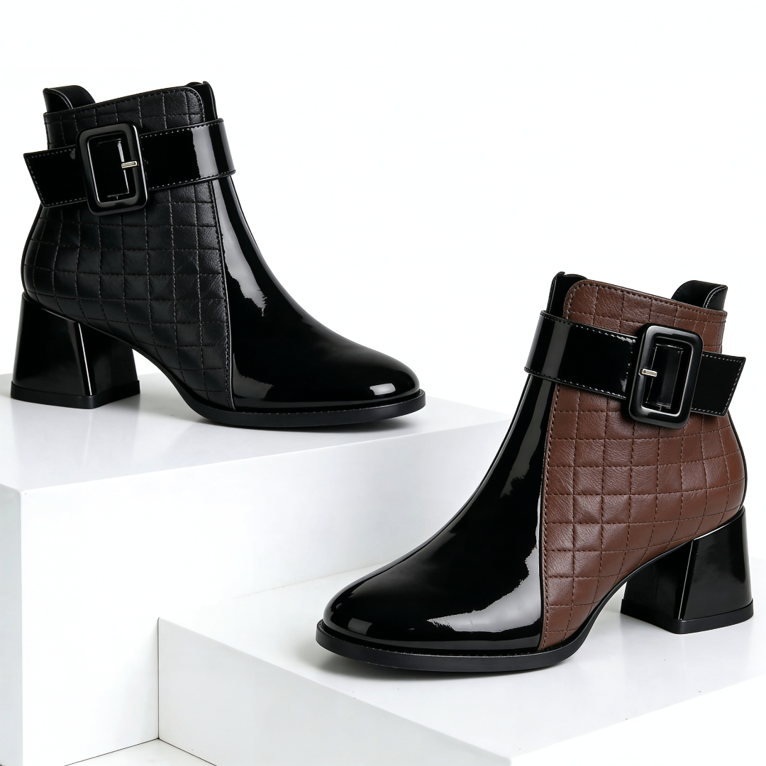 Margot | Chic Patent Leather Block Heel Ankle Boots With Quilted Detail