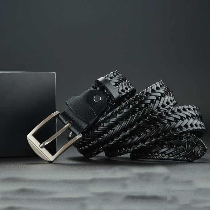 Kai | Sleek Black Braided Cowhide Belt With Polished Buckle
