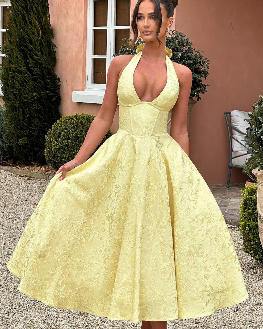 Penelope | Elegant White Halter Midi Dress With Flared Skirt