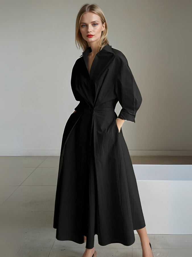 Elyse | Elegant Pleated Maxi Shirt Dress With Belted Waist