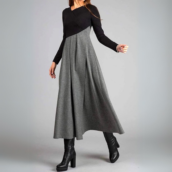 Thea | Elegant Colorblock Pleated Long Sleeve Maxi Dress