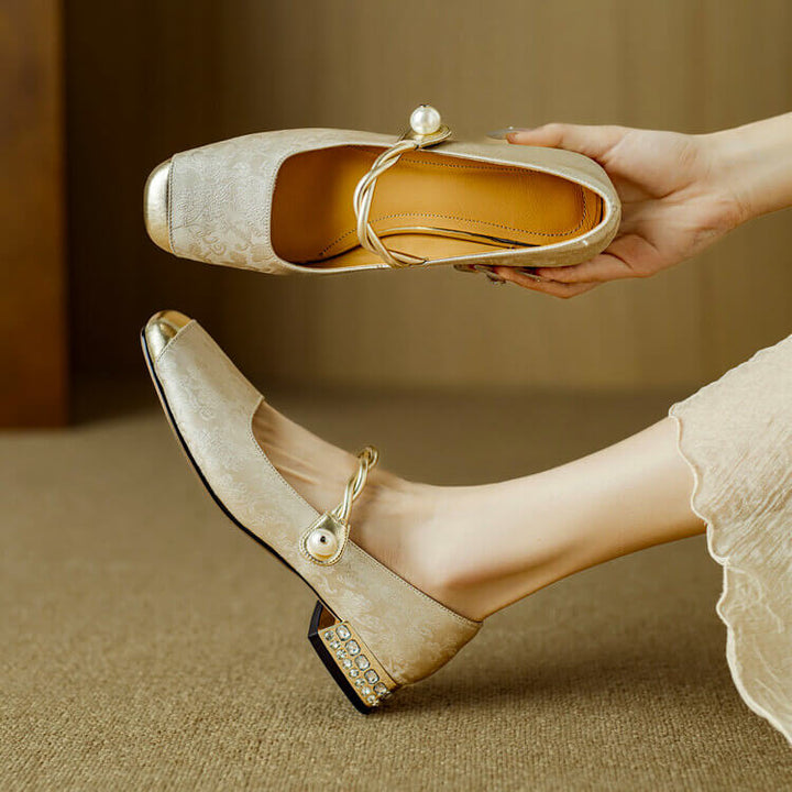 Perla | Elegant Embroidered Mary Jane Flats With Crystal Heel
