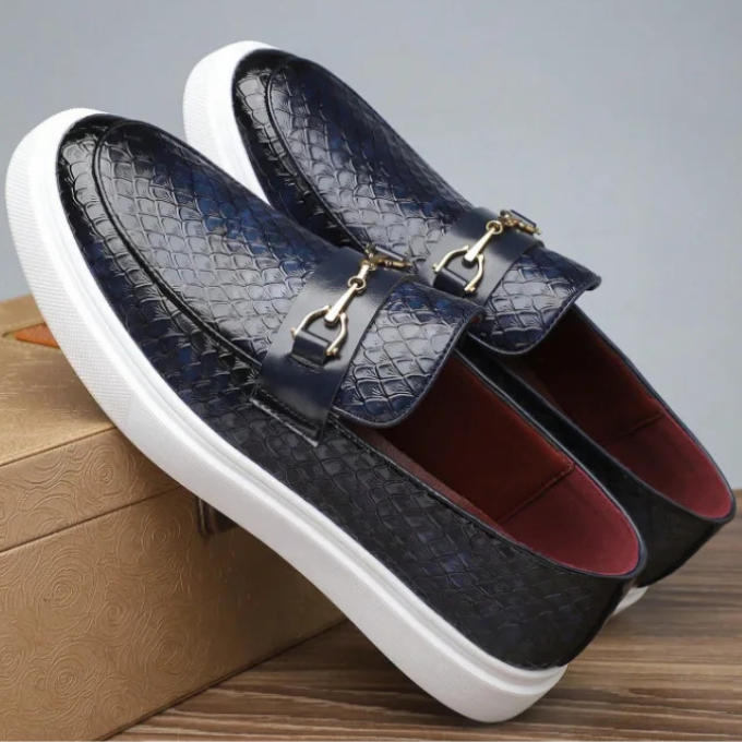 Elyse | Sleek Black Snake Print Loafers With Gold Buckle Detail