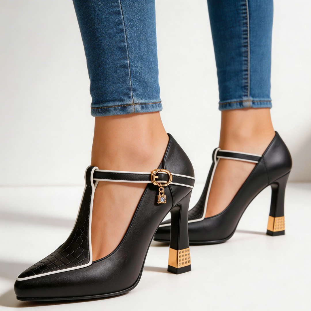 Ruby | Elegant Black T-Strap Block Heels With Gold Accents