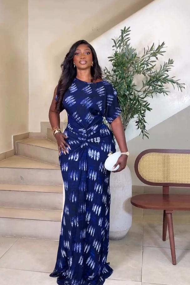 Tabitha | Elegant Navy Feather Print Ruched Maxi Dress