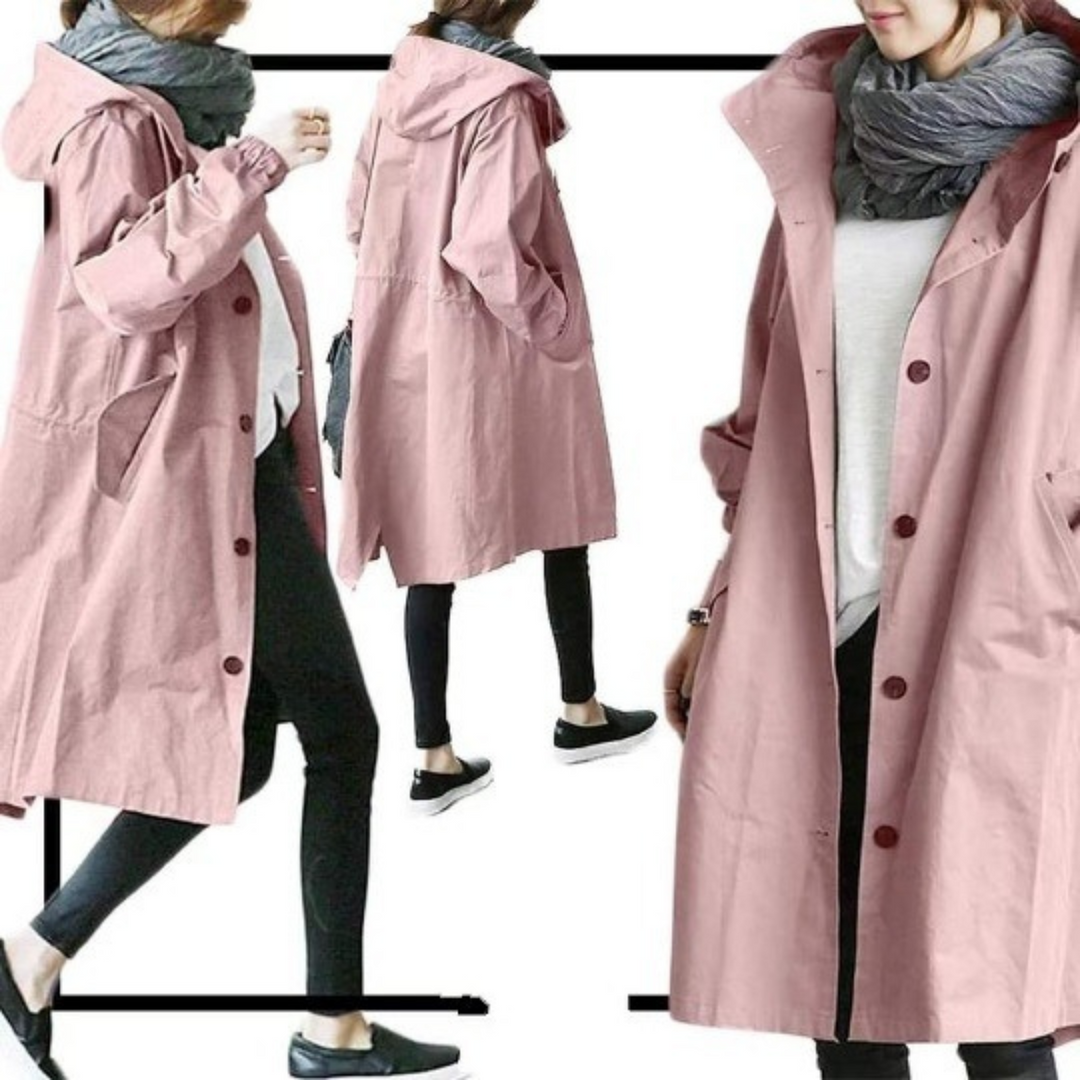 Sanne | Elegant Hooded Long Trench Coat With Tie Belt