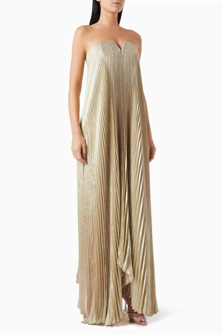 Juniper | Elegant Strapless Pleated Maxi Dress With V-Neck Detail