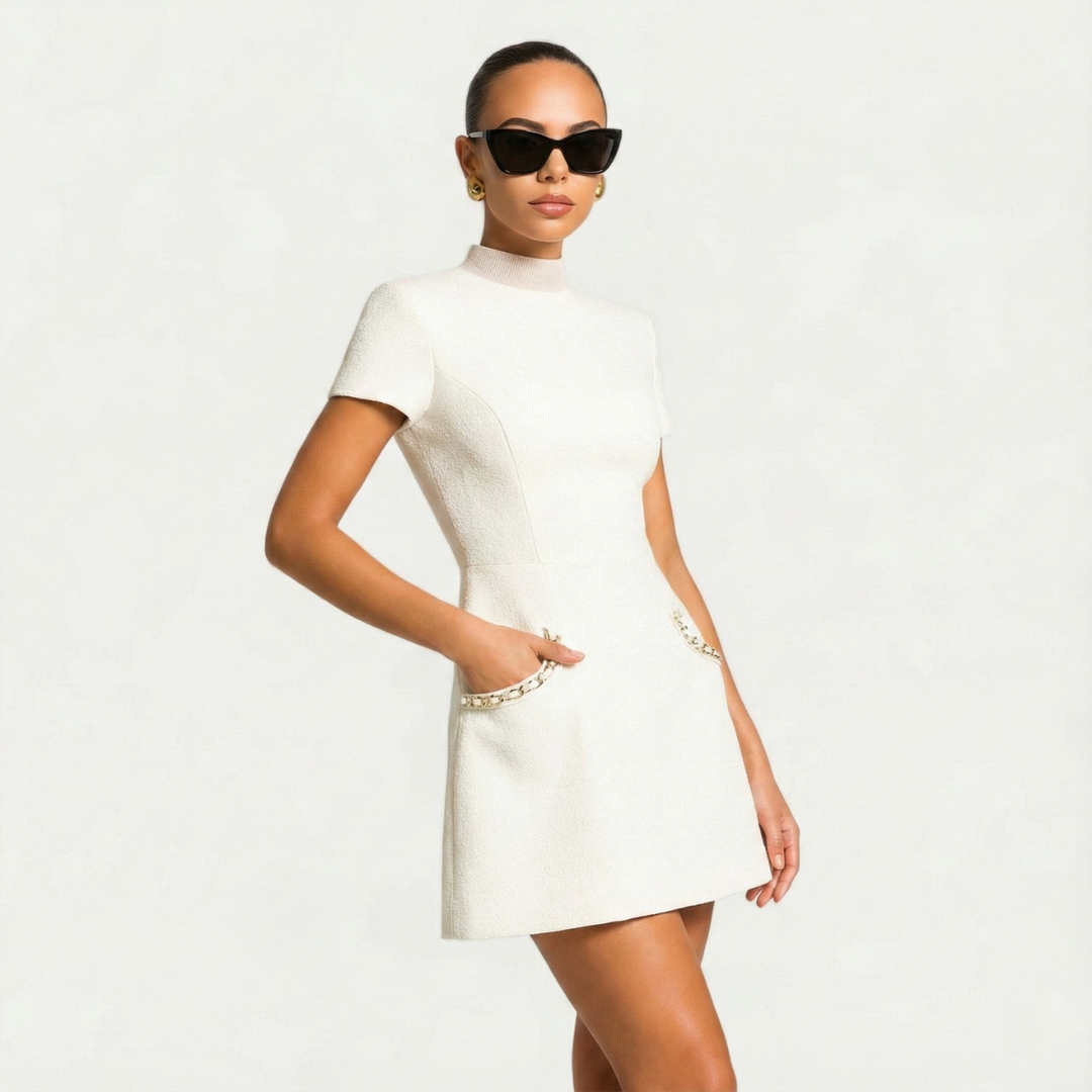 Aubrey | Chic Pearl Trim Mini Dress With Short Sleeves