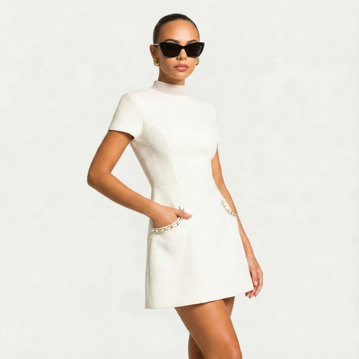 Aubrey | Chic Pearl Trim Mini Dress With Short Sleeves