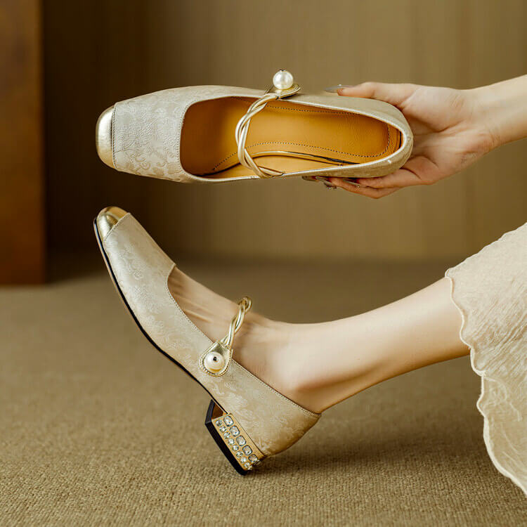 Eliza | Elegant Embroidered Mary Jane Flats With Gold Accents