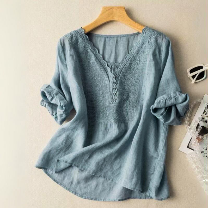 Margot | Elegant Embroidered V-Neck Cotton Linen Blouse