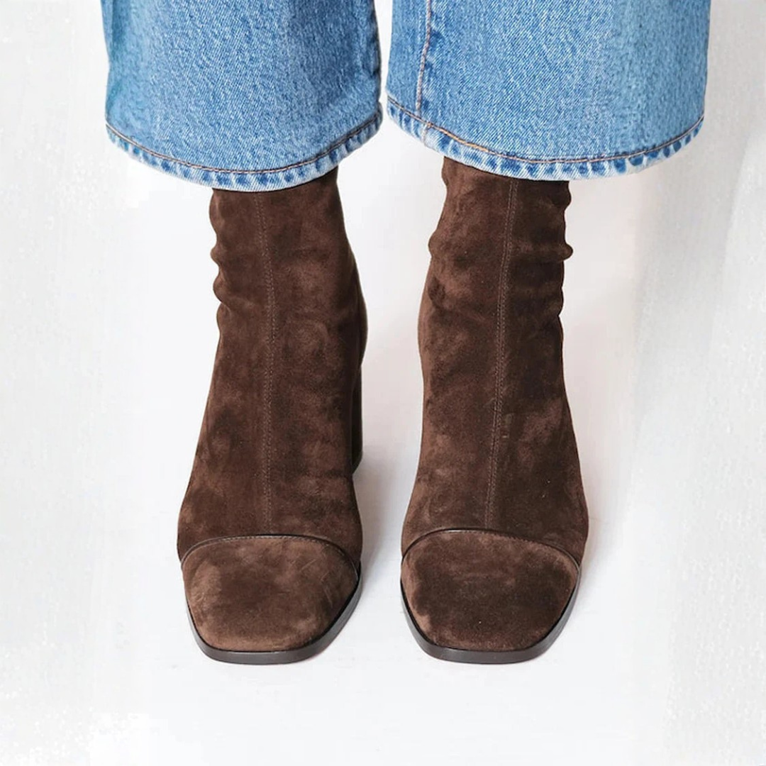 Serena | Elegant Brown Suede Block Heel Ankle Boots
